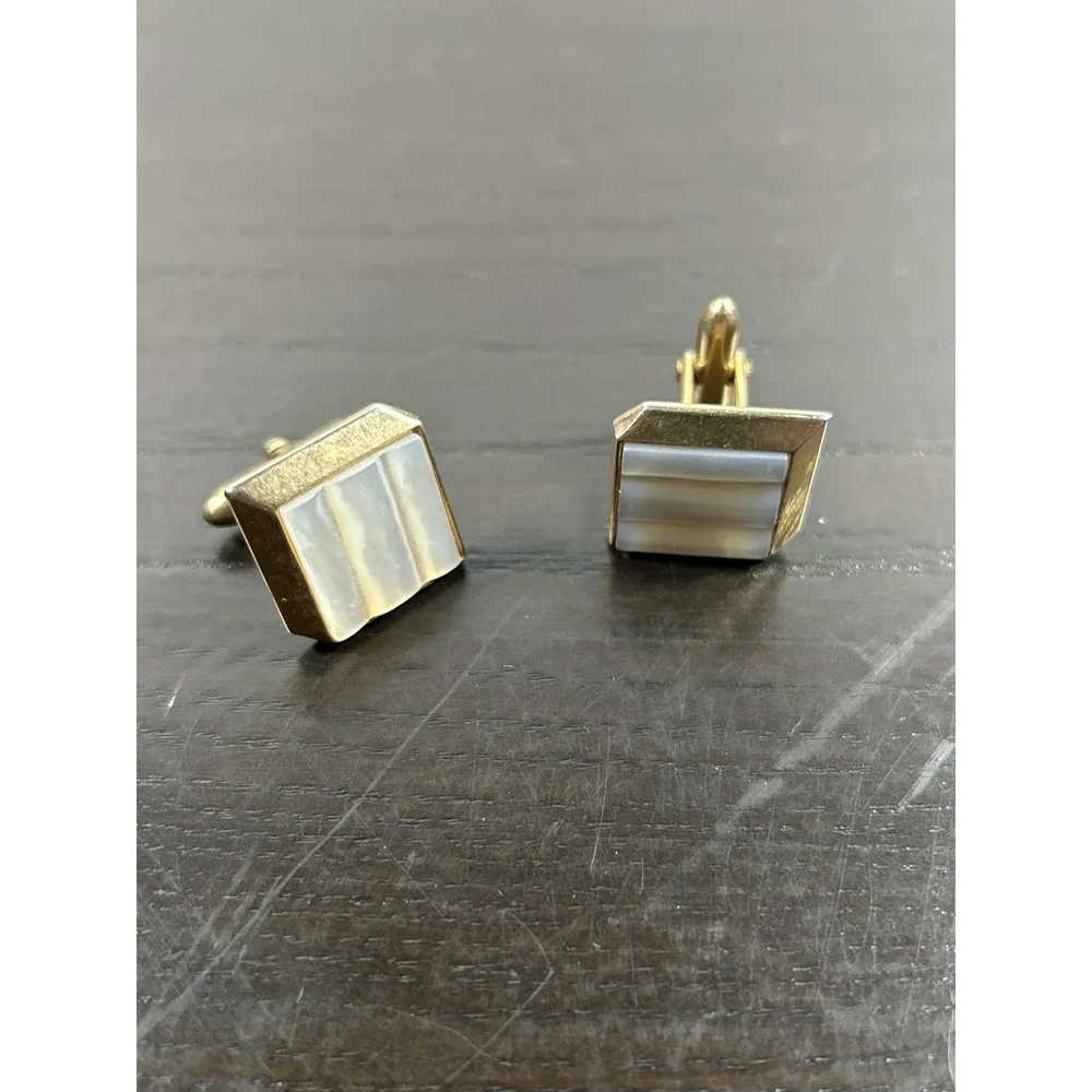Vintage Swank Gold Tone Mother Pearl Tiered Square Cufflinks Mid Century Modern